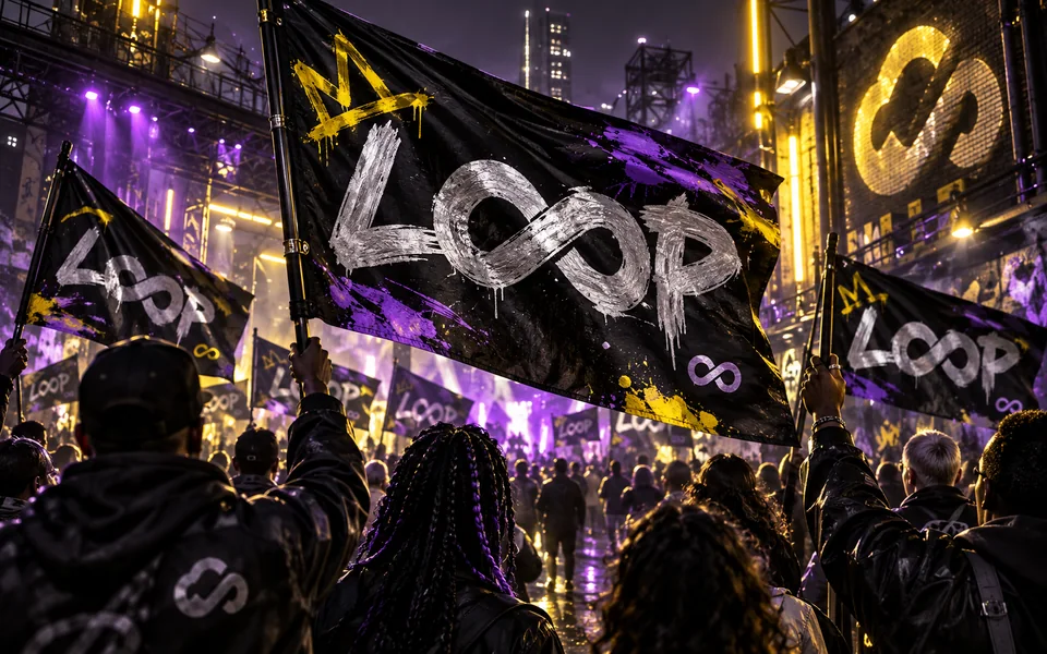 LOOP flags above a street gathering, lit in purple and yellow